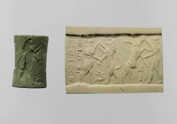 Sigillo cilindrico di combattimento con impressione moderna c.2250-2150 a.C. (albite)