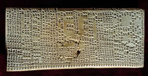Antichità orientale: tavoletta medica incisa con scrittura cuneiforme redatta dopo un esame del fegato per presagi. Periodo Seleucide e Partico (circa 300 a.C. - 200 d.C.). Da Mesopotamia. Parigi, Museo del Louvre