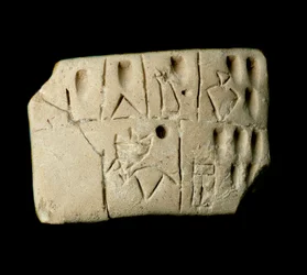 Mesopotamia: tavoletta di argilla con conti in scrittura cuneiforme. Dal tempio di Eanna dedicato alla dea Inanna a Uruk