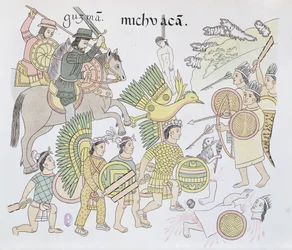 Battaglia di Michoacán tra gli Spagnoli e gli Aztechi, illustrazione da un facsimile di una storia illustrata messicana indiana, Lienzo de Tlaxcala, ca. 1550, 1892