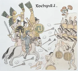 Battaglia di Xochipilla tra gli Spagnoli e gli Aztechi, illustrazione da un facsimile della cronaca figurata indiana messicana Lienzo de Tlaxcala del c.1550, 1892