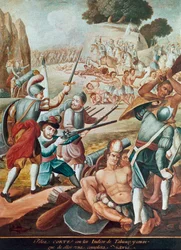 Conquista del Messico: combattimento tra Hernando Cortés (Hernán Cortés) (1485-1547) e gli indiani di Tabasco nel 1519. Dipinto della Scuola messicana