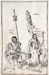 MS Hunter 242 f.248v Picarus (Pizarro) presenta il Perù e Cortesius (Cortés) Nueva España, illustrazione dalla Historia de Tlaxcala di Diego Muñoz Camargo