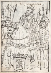 MS Hunter 242 f.249v Filippo II a cavallo, indossando l