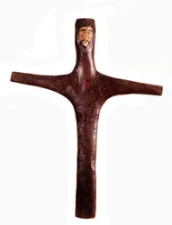 Croce di legno policroma con testa di Cristo
