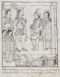 Montezuma incontra Cortez, da Historia de Tlaxcala di Diego Munoz Camargo