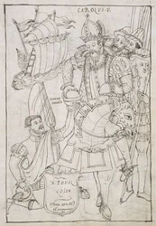 Cristoforo Colombo offre simbolicamente il Nuovo Mondo a Carlo V, da Historia de Tlaxcala di Diego Munoz Camargo