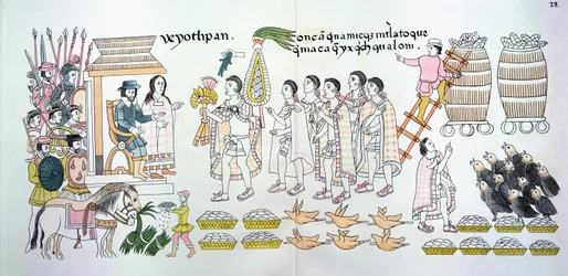 Il capo tlaxcalteca, Maxixcatzin, presenta un mazzo di rose e altri doni a Hernando Cortes (1485-1547) come segno di benvenuto, illustrazione da un facsimile di una storia pittorica indiana messicana