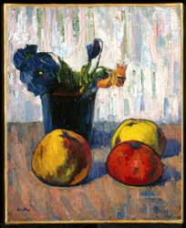 Natura morta con mele e vaso di fiori