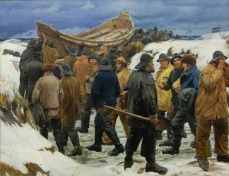 La scialuppa di salvataggio viene trasportata attraverso le dune, 1883