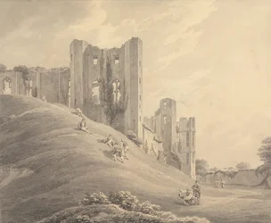 Castello di Kenilworth, con figure sulla collina