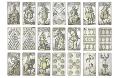 (dettaglio) di un set estremamente raro di 52 carte da gioco incise nei quattro semi italiani, Augusta