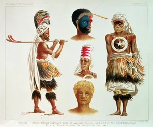 Vari costumi da ballo indossati a Nakello, Fiji, illustrazione da 
