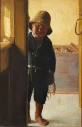 Il figlio di un pescatore che guarda attraverso una porta.