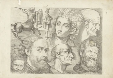 Foglio di studio con esempi di disegno: centauro, figura in piedi e teste