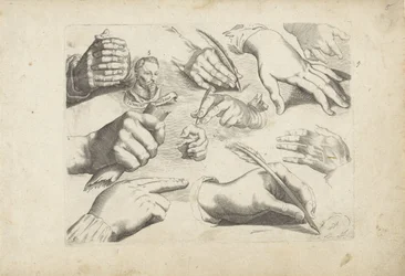 Foglio di studio con esempi di disegno: mani e ritratto di Hendrick Goltzius