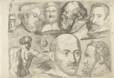 Foglio di studio con esempi di disegno: figura in piedi, gallo e teste