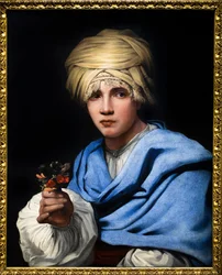 Ragazzo con turbante che tiene in mano un mazzo di fiori