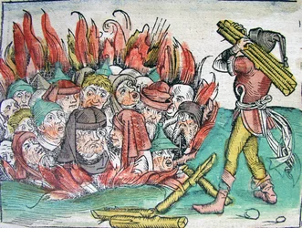 Rogo degli ebrei a Deggendorf nel 1338 dalla Cronaca del Mondo di Schedel, 1493