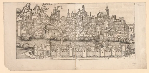 Cronaca di Norimberga: Veduta topografica di Basilea, Svizzera, 1493