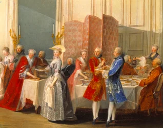 Buffet con ospiti accanto a uno schermo. (dettaglio)