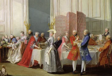 Tè inglese nel Salon des Quatre Glaces alla Casa del Principe de Conti (1717-76) Palais du Temple, (dettaglio) degli ospiti, 1766
