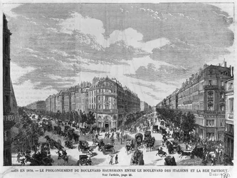 Parigi nel 1878, Boulevard Haussmann esteso tra Boulevard des Italiens e rue Taitbout, inciso da Louis Dumont, fine XIX secolo