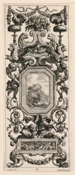 Pannello ornamentale sormontato da un cesto di fiori e una ghirlanda, tavola 10 dal Livre de Diverses Grotesques peintes dans le Cabinet et Bains de la Reyne Regente, au Palais Royale