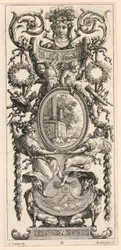 Pannello ornamentale sormontato da una testa affiancata da fogliame, tavola 11 dal Pannello ornamentale sormontato da una testa affiancata da fogliame, dal Livre de Diverses Grotesques peintes dans le Cabinet et Bains de la Reyne Regente, au Palais Royale