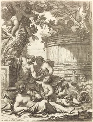 Putti con uva e una baccante seduta