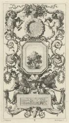 Pannello ornamentale sormontato da un cesto di fiori con Cupido e Imene