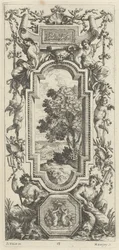 Pannello ornamentale sormontato da una scena marittima e una conchiglia