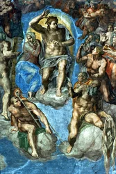 Cristo, dettaglio del "Giudizio Universale", nella Cappella Sistina, XVI secolo, con autoritratto di Michelangelo come San Bartolomeo che regge una pelle scuoiata