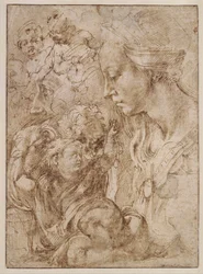 Etude pour la sainte Famille avec saint Jean Baptiste enfant (Studio per una Sacra Famiglia con Giovanni Battista bambino) Disegno di Michelangelo Buonarroti (1475-1564) - 1505 - Penna, pennello, inchiostro indiano su carta Dim 28,7x20,9 cm Staatliche Muse
