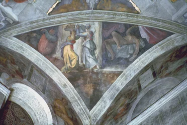 Soffitto della Cappella Sistina: Giuditta che Porta la Testa di Oloferne (spandrel) (pre restauro)