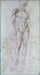 Studio per Apollo (ex Mercurio) nudo in piedi con un mantello drappeggiato sulle spalle e la figura di un uomo che porta un carico