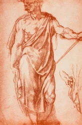 Studio di una figura virile drappeggiata; disegno di Leonardo da Vinci. Gabinetto dei Disegni e delle Stampe, Galleria degli Uffizi, Firenze