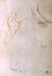 Studio di una figura prona con gambe incrociate e un progetto per una lunetta che mostra una figura che sale una scala