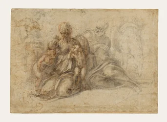 La Sacra Famiglia con il Bambino San Giovanni Battista (recto); Putti amorosi al gioco; Testa di uccello (verso)