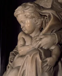 Il bambino Gesù, (dettaglio) da Madonna col Bambino, di Michelangelo (1475-1564), Chiesa di Notre Dame a Bruges, Belgio