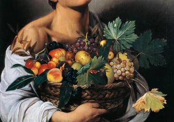 Ragazzo con un cesto di frutta, dettaglio