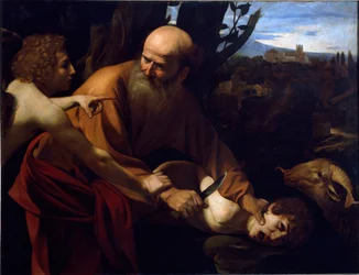 Il sacrificio di Isacco. Un angelo trattiene la mano di Abramo prima del sacrificio di suo figlio Isacco comandato dal Signore. Dipinto di Michelangelo Merisi, detto Caravaggio (1571-1610), 1594-1596. Dimensioni 104x135 cm. Firenze, Galleria degli Uffizi