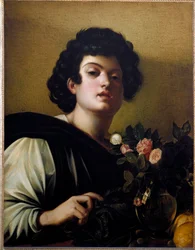 Ragazzo giovane nel vaso di rose
