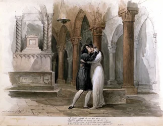 I Capuleti e i Montecchi (Les Capulet et les Montaigu) di Vincenzo Bellini, rappresentazione al Teatro La Fenice di Venezia. Giuditta Pasta e Giulia Grisi interpretano Romeo e Giulietta. Acquerello di Michele Bisi