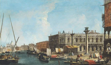 Ingresso del Canal Grande a Venezia con la Piazetta e la Libreria Marciana a destra, la Dogana e Santa Maria della Salute a sinistra
