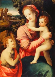 La Madonna e il Bambino con il piccolo San Giovanni Battista, un paesaggio fluviale boscoso con un palazzo immaginario oltre
