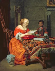 Una donna che legge una lettera con un assistente nero, 1670