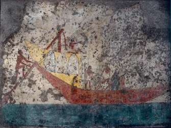 Antichità egizia: “Nave militare egizia”. Affresco da una tomba. 2000 a.C. Torino, Museo Egizio