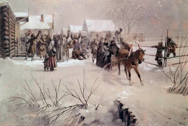 Lo zar Alessandro II (1818-1881) in una slitta attraversa un villaggio sotto la neve