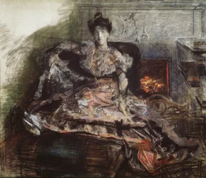 Dopo il concerto. Ritratto di N. Zabela-Vrubel al caminetto in un abito disegnato da Vrubel